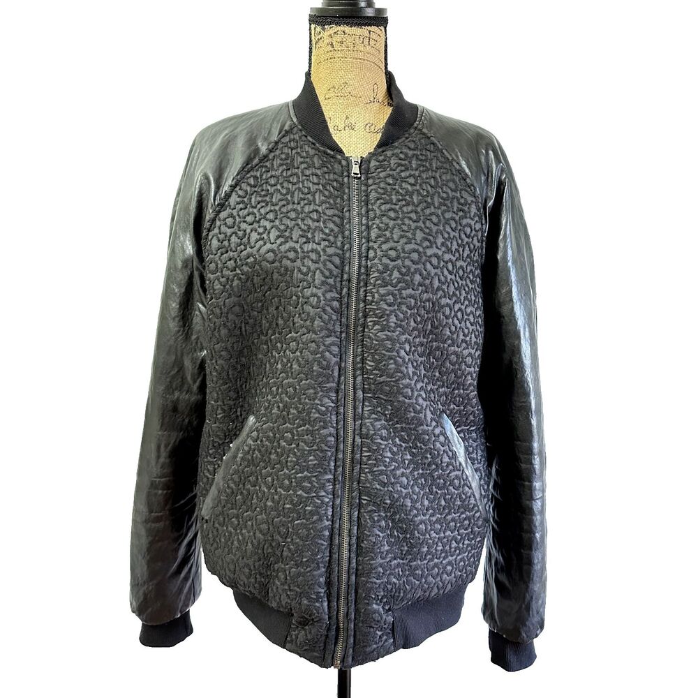 Officina 36 Men's Black Bomber Varsity Jacket SZ L Faux Leather Sleeves Italy